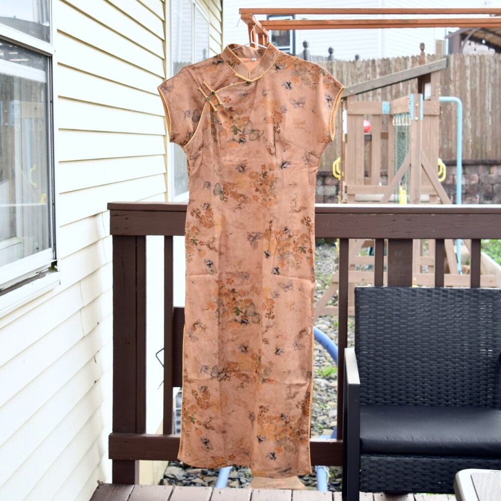 SZ S Yellow Flower Butterfly Qipao Long Dress - Chinese Traditional Cheongsam
